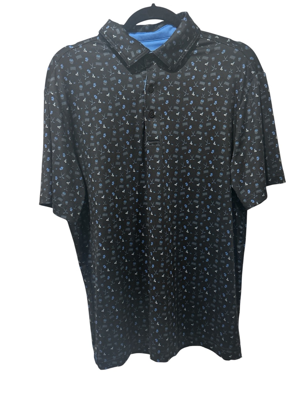 Men's Black Polo with Blue Accent Micro Pattern of Hockey Paraphernalia